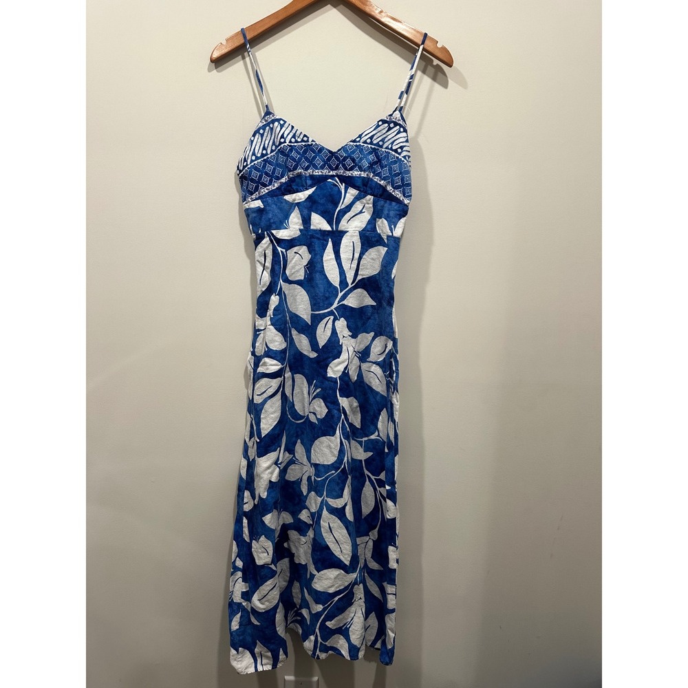 Zara Blue White Tropical Leaf Print Linen Blend Midi Dress Small Smocked Back